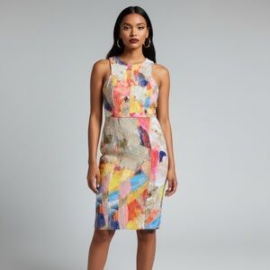 H&M Watercolor brocade sheath pencil dress cocktail wedding guest